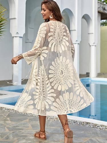 Moss Rose Womens Bathing Suit Cover Up 3/4 Sleeve Mesh Swimsuit Coverup Long Floral Beach Lace Kimono Cardigan4