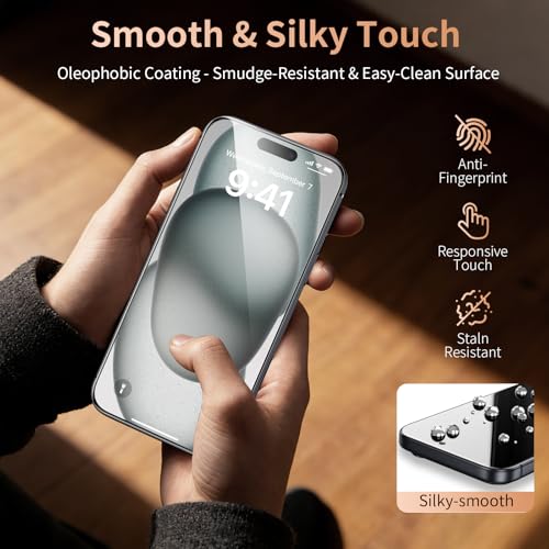 Image of 2 Pack for iPhone 15 Screen Protector, 9H+ Hardness Tempered Glass Full Edge Coverage, Military-Grade Shatter Protection, HD Clear & Sensitive Touch, Easy Installation