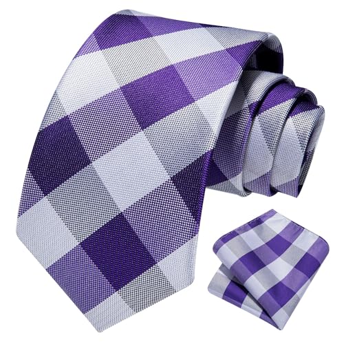 Image of HISDERN Ties for Men Plaid Checkered Tie with Pocket Square Woven Business Formal Necktie Handkerchief Set Wedding Party