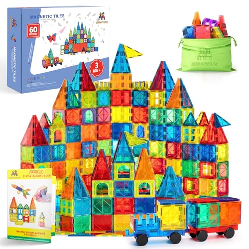 Zippytoys Magnetic Tiles Building Blocks Set for Kids 60PCS 3D Magnetic Construction Toy with Wheel Cart & Storage Bag STEM Learning Toy for Boys & Girls Age 3+ Strong Magnets & Safe ABS Plastic
