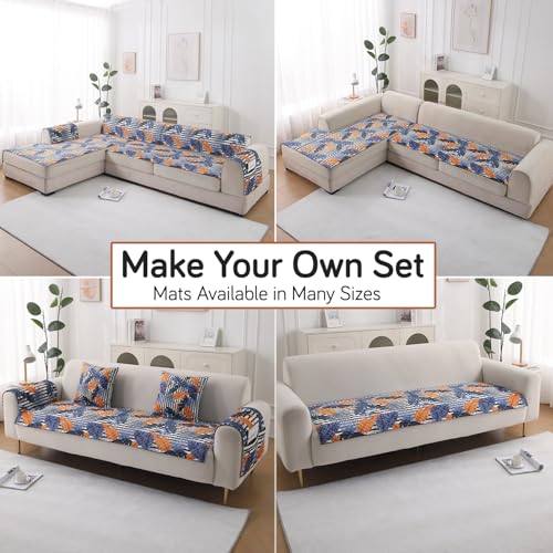 Image of HOKIPO 'LiefNest' Holland Velvet Sofa Cover Mat with Foam Filling for 1 /2 /3 Seater & L-Shape Sofa. Make Your Own Sofa Cover Set, Mat Size: 60(L) cm, Tropical Leaves Dusk Blue (IN-821-D5)