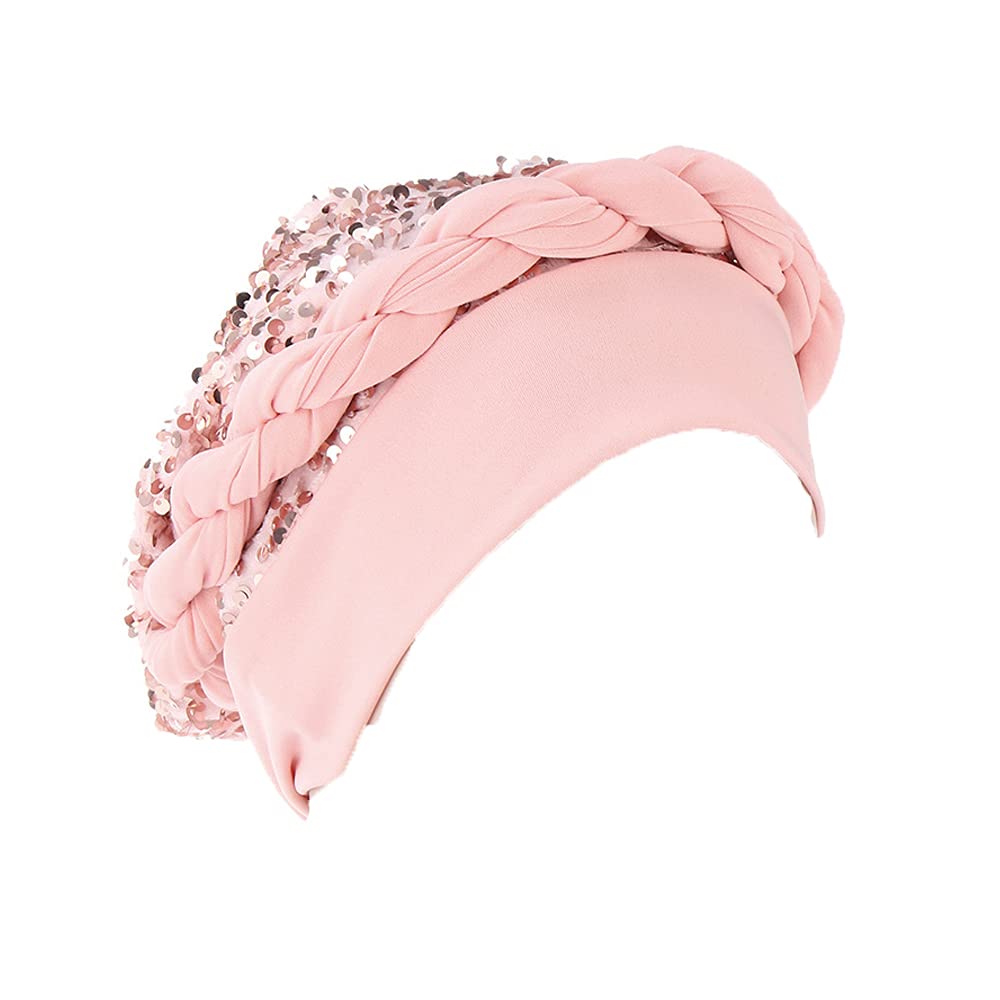 JDYaoYing Twisted Braid Turban Sequins Headwear for Women Headwrap Beanie Cap Hair Cover Hat Pink