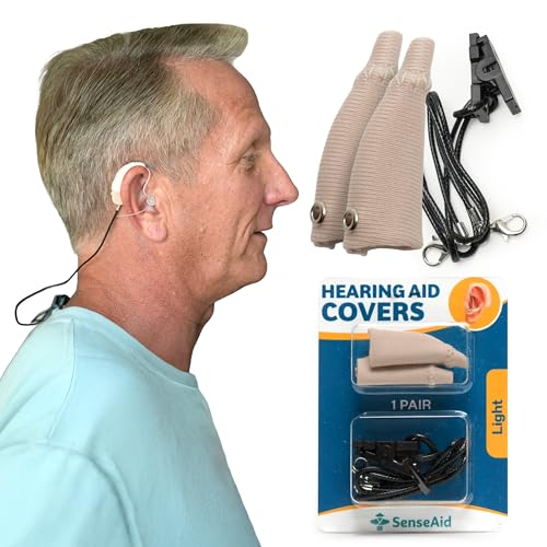 Hearing Aid Covers | 1 Hearing Aid Accessories Includes Waterproof Sweat Covers & Lanyard with Clips to Prevent Loss, Cloth Protector Sleeves That Connect to an Included Lanyard (Light)