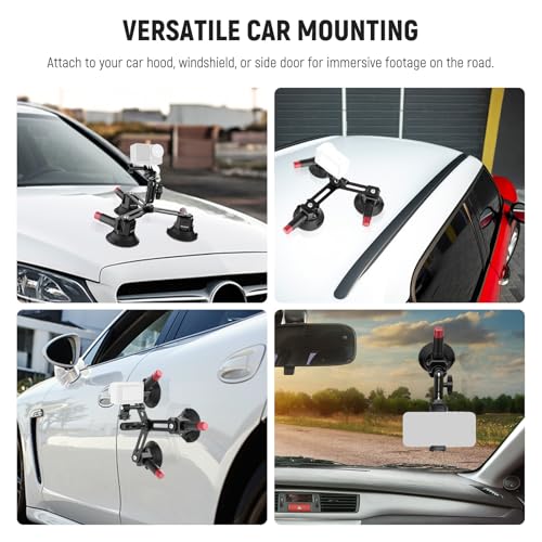 Image of NEEWER Triple Suction Cup Camera Car Mount [Simplified] with Phone Holder & Action Camera Adapter Compatible with iPhone GoPro OSMO Action Pocket 4 3 2 Hero 13 12 11 10 Insta360 Samsung, CA067