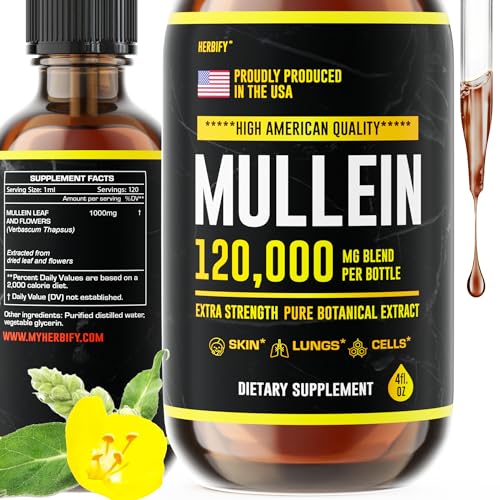 HERBIFY Mullein Drops - Lung Cleanse - Leaf Extract - Powerful Mullein for Immune Support,Detox & Respiratory Support - Made in USA - Lung Cleanse for Smokers - 4 Oz