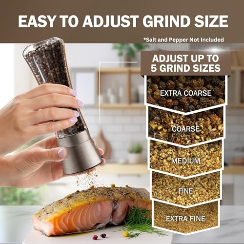 Image of Home EC Original Gun Metal Bronze Salt and Pepper Grinder Set of 2 - Adjustable Ceramic Grinder - Tall Glass Salt and Pepper Shakers With Funnel and Ebook - Spice Mill - Bronze Kitchen Accessories