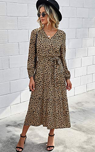 Theenkoln vestido midi feminino com estampa floral boêmio estampa de leopardo bolinhas liso gola V m