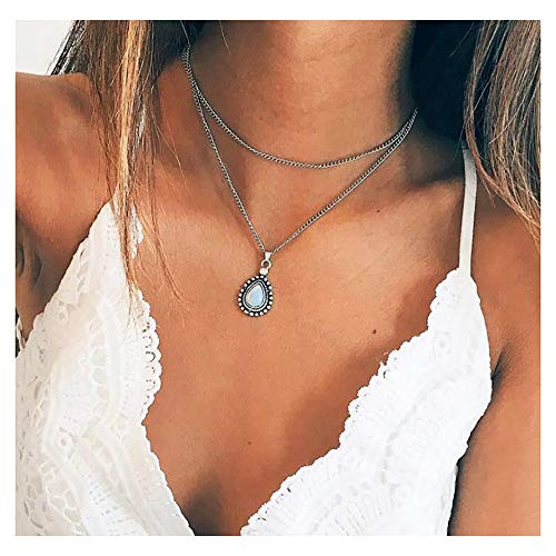 Aimimier Bohemia Layered Opal Choker Necklace Gemstone Necklace Teardrop Necklace Opal Gem Charm Pendant Necklace Gemstone Statement Jewelry for Women and Girls
