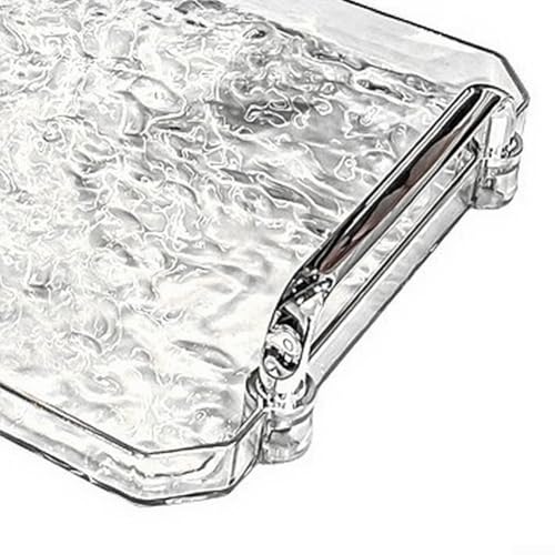 Hosrivae Transparent Ripple Serving Tray with Handle, Luxury Rectangular Storage Platter Tea Coffee Snacks and Fruit Display, Home Bar Accessory, Silver 45x25cm(Large)