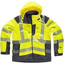 Adeepi Ropa De Trabajo WorkTeam Chaqueta Workshell de Alta Visibilidad, Cintas Reflectantes, Capucha, Cortavientos, Impermeable, Membrana Interor Transpirable y Alta Capacidad Térmica. Unisex Amarillo A.V.+Gris Oscuro L