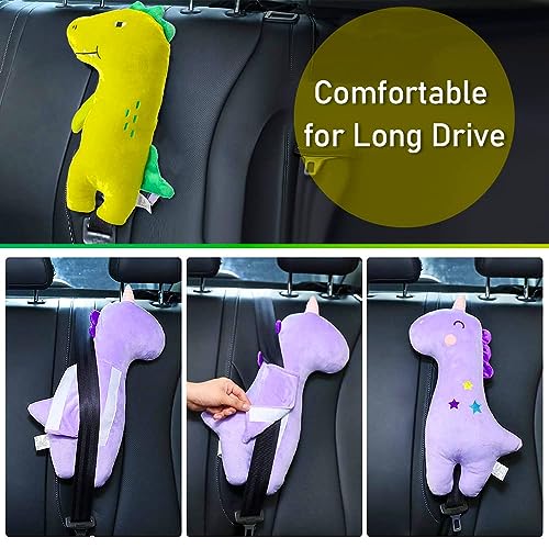 Image of Seat Belt Cover Pillow for Kids, Car Seatbelt Cushion Shoulder Neck Support Protector Pad, Soft Stuffed Plush Travel Vehicle Safety Belts Strap Pillow for Boys and Girls Headrest (Dinosaur)