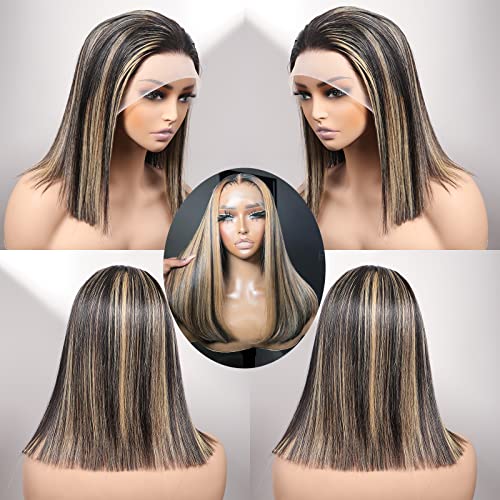 Superlook Highlight Bob Wig Human Hair 13X4 Balayage Hd Lace Front Wigs Human Hair 200% Density Fb27 Ombre Straight Bob Wigs Human Hair For Black Women Pre Plucked With Baby Hair（12Inch，Fb27 Bob Wig） #TOP1