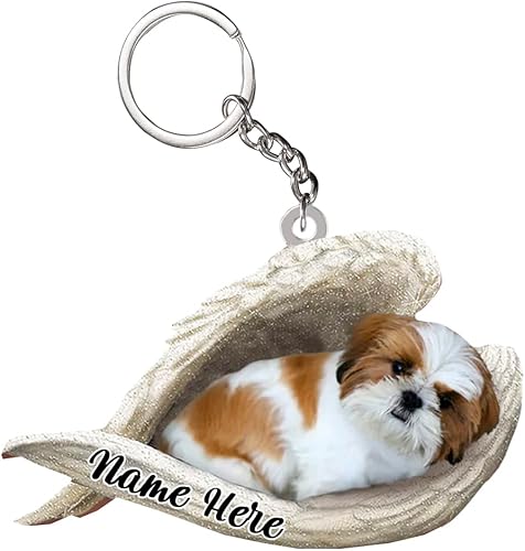 Llavero acrílico personalizado de Shih Tzu para perro dormido en alas de ángel blancas, regalo para amantes de los perros Shih Tzu, llavero