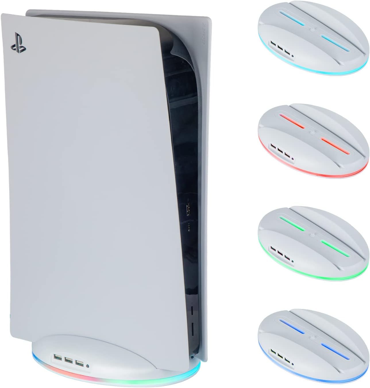 Mviioefor PS5 LED Stand, 2 in 1 LED Light Base with 7 RGB Color Modes PS5 USB Hub with 3 USB 2.0 Ports Compatible with PS5 Disc & Digital Editions (White)