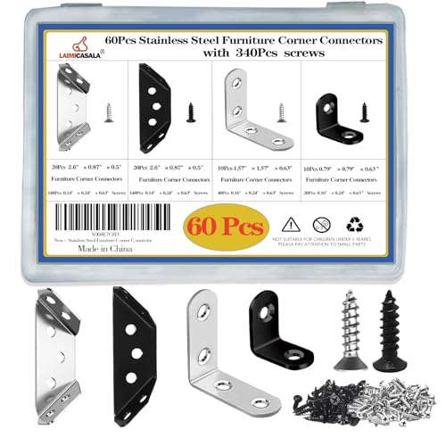 60 Pack Corner Connector, L Brackets and Shelf Brackets, Stainless Steel Angle Code with Screws, for Wood Braces, Shelves