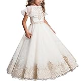 IBTOM CASTLE Vestido de niña de Flores para la Boda Niñas Niños Largo Gala Encaje De Ceremonia Fiesta Elegantes Comunión Paseo Baile Pageant #1 Marfil 10-11 años