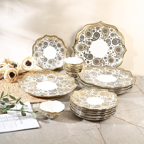 Image of Timeless Elegance Dinner Set, White & Gold, 18 Piece | Gold Plated, Porcelain Crockery with Scalloped Rim, For 6 People, 6 Dinner Plates, 6 Quarter Plates & 6 Veg Bowls, DSS02