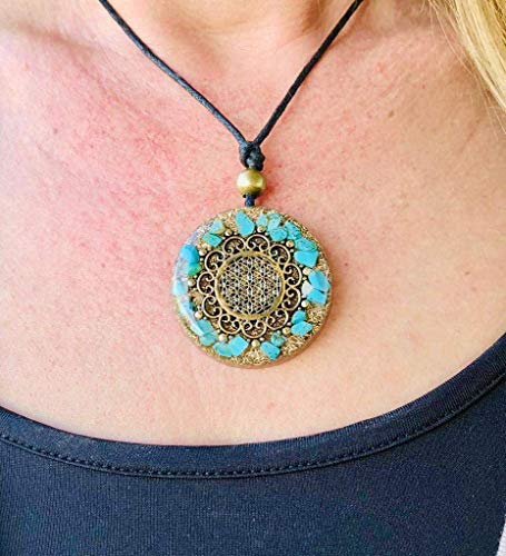 Orgone Necklace, Protection, Symbol Flower Of Life, Sacred Geometry, With Stone Turquoise,Rose Quartz- Sbb Coil, Reiki, Yoga, Healing Crystals,Orgonite Pendant Handmade, Arte Orgones #TOP1