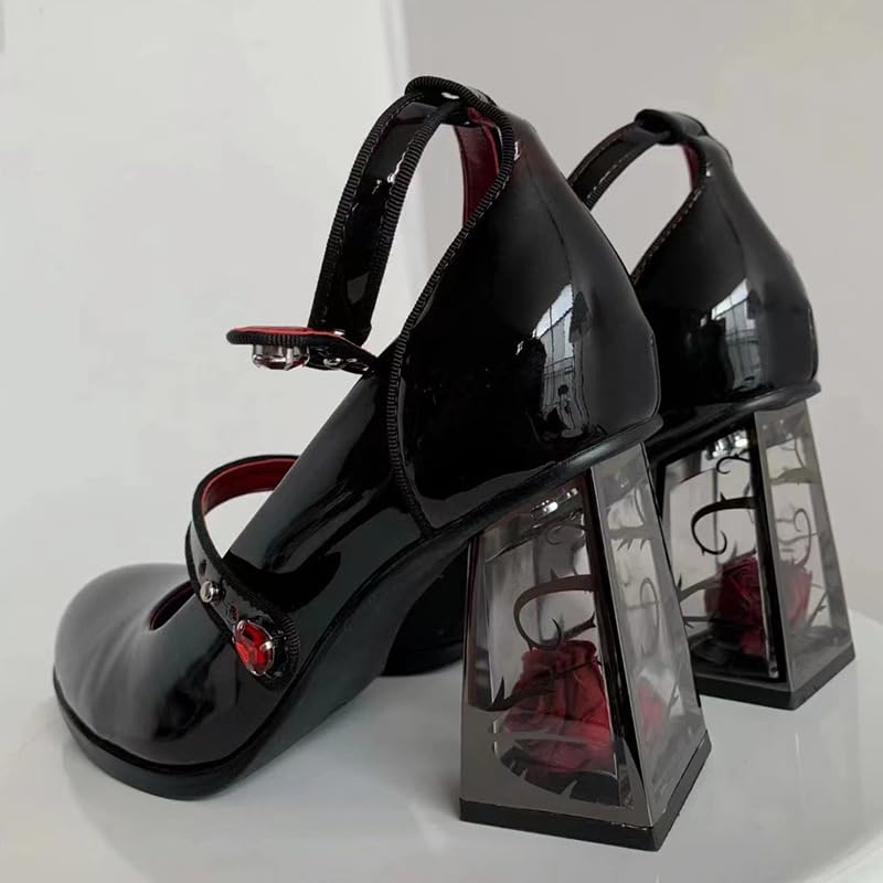 Black Red Goth Mary Jane Shoes for Women, Rose High Heel Dress Party Shoes with Ankle Strap4