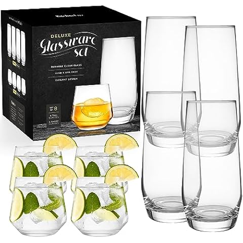 Kitchen Lux Tall & Short Drinking Glasses Set of 8-4 Tall Water Glasses and 4 Short Glass Cups Set - Elegant Drinkware - Deluxe Glassware Sets for Highball Sparkling Cocktails, Wine, Beer, Whiskey Cover