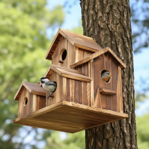 Multi-Bird Houses for Outside, Rustic Villa Style Birdhouse with 6 Entries, Waterproof Wooden Bird Nesting Box for Garden Patio Decoration - 2