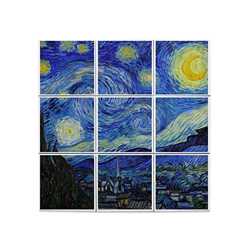 Fabulous Lot x9 Carreaux Céramique Décoratif 15,2 x 15,2 cm - Vincent van Gogh Nuit Etoilée Peinture Art (Taille totale 45,6 x 45,6cm)