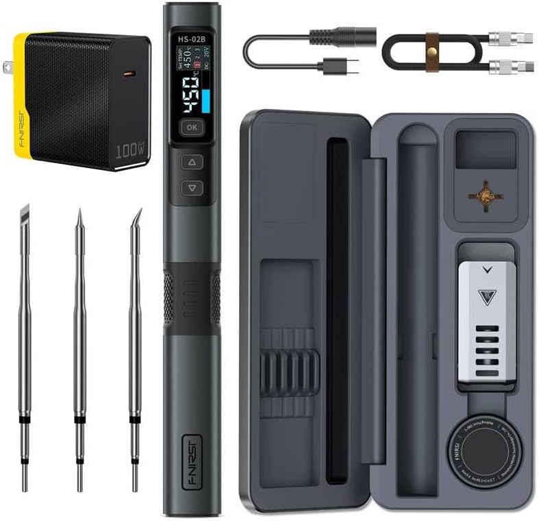FNIRSI HS-02B 100W Portable Corded Soldering Iron Kit with Storage Case, 2S Fast Heating, 212-842℉, Pre-set 3 Groups Temperature, 3 210 Soldering Tips, Smart Soldering Iron Pen for Electronics Repair
