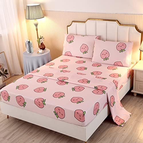SDY 4PCS Peaches Bedding Sheets, Kawaii Pink Peach Print Sheet Set with 1 Cute Deep Pocket Fitted Sheet & 1 Top Flat Sheet & 2 Pillowcases for Kids Girls Boys (Peach,Queen)