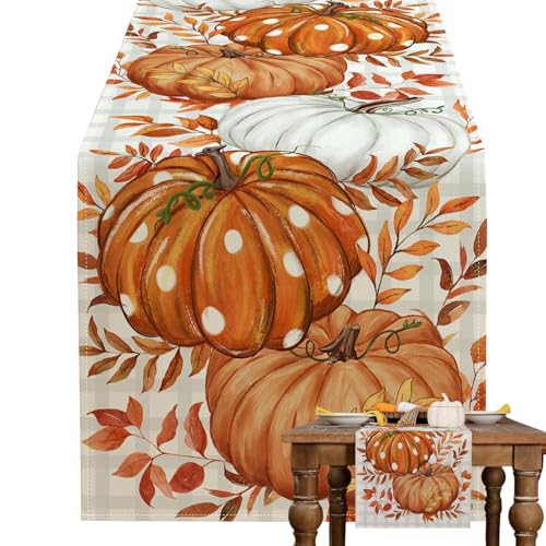 de mesa de otoño: patrón de Acción de Gracias, 13 x 72 pulgadas, de lino rectangular, diseño de hojas y flores, decoración de mesa de otoño para Acción de Gracias