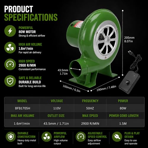 Image of 80W Electric Air Blower Fan with Stand & Speed Controller for BBQ & Coal Forge, Heavy Duty Metal Fire Blower, Indian Plug 220-240V AC for Blacksmith Furnace, Tandoor & Camping