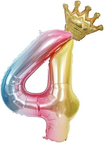 Juego de globos de corona de número 4 con degradado arcoíris de 40 pulgadas, globos de 4º cumpleaños, decoraciones de fiesta de cumpleaños de 4 para