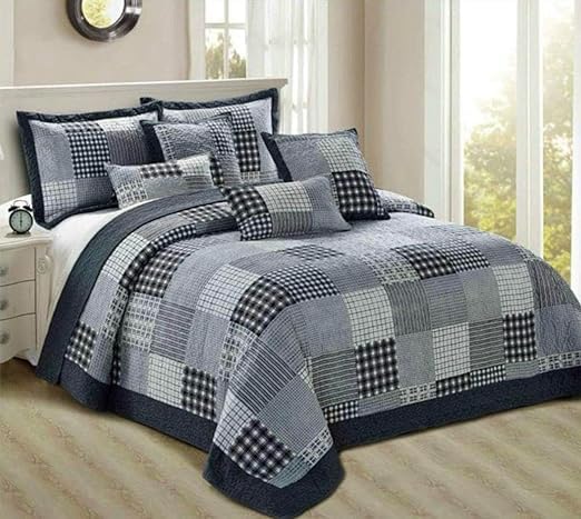 3 PCS Patchwork Bedspread Quilted Bed Throw Single Double King Size Bedding Set (Check Decor, Double)