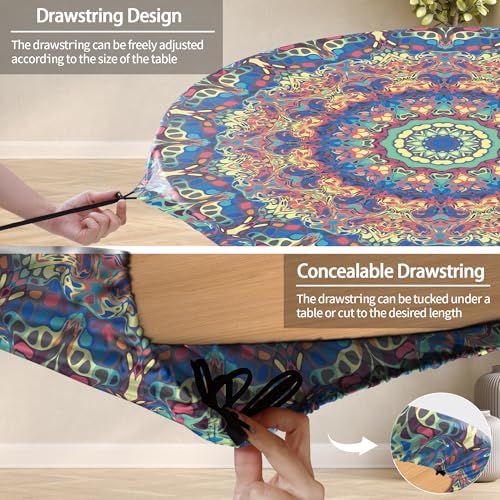 Round Tablecloth Waterproof Fitted Boho Table Cloth Summer Fall Outdoor Circle Cover for 48 Inch 45-54" Table Dining Kitchen Apartment Essentials Picnic Camping Party Decor Housewarming Gift