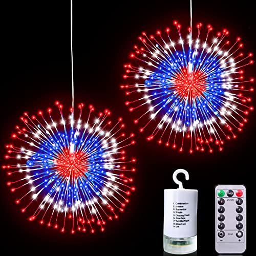 [ Timer & 8 Flash Modes ]2 Pack Patriotic Firework Lights 4Th Of July Decoration Red White Blue 240 Led Copper Wire Starburst String Fairy Lights Battery Operated For Independence Day, Memorial Day #TOP12