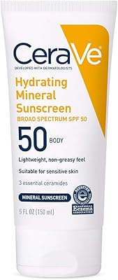 CeraVe 100% Mineral Sunscreen SPF 50 | Body Sunscreen with Zinc Oxide & Titanium Dioxide for Sensitive Skin | With Hyaluro...