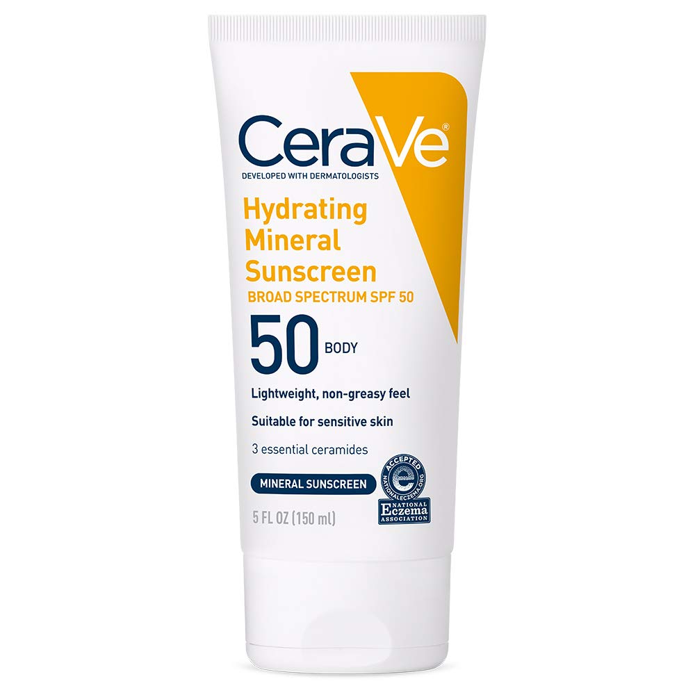 CeraVe 100 Mineral Sunscreen SPF 50 with Zinc Oxide Titanium Dioxide Hyaluronic Acid Ceramides Oil Free Non-Greasy Hydrating