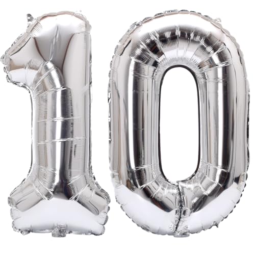 Image of Number 10 Balloon Foil Mylar Balloons for Birthday Party Decoration (Silver, 40 Inch)