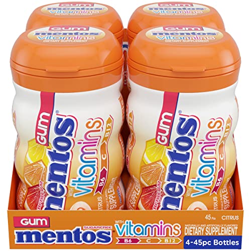 Image of Mentos Gum with Vitamins, Sugar Free Chewing Gum with Xylitol, Citrus Flavor, Vitamins B6, B12 and C, Bottle of 45 (Bulk Pack of 4)