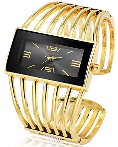 BESTKANG Luxury Womens Watches Analog Quartz Wrist Watch Rectangular Cuff Bracelet Watch Business Casual Fashion Wrist Watches for Ladies (Gold Black)