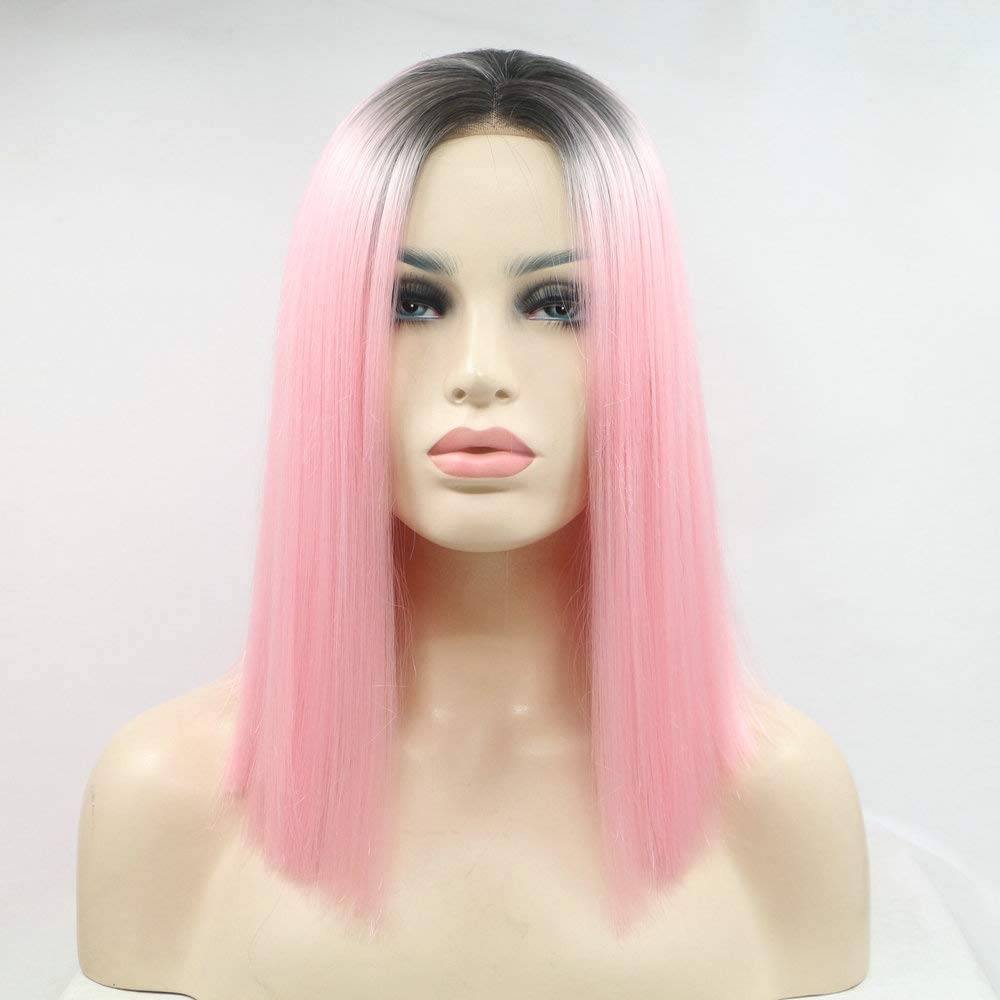 XINGYU Pastelowa różowa peruka ciemne korzenie Drag Queen, przyjazna syntetyczna koronka, peruki dla kobiet, do makijażu, na imprezę, Cosplay, letnie włosy, jasnoróżowe peruki Bob