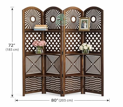 Image of Wooden Room Divider 6 Feet, 4-Panel Folding Wooden Partition for Living Room, Office, Pooja Room, Restaurant, Kitchen & Balcony (2W x 1.82H Meters). (Natural Brown- Shelves)