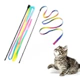 LASOCUHOO Interactive Cat Rainbow Wand Toys, Interactive Cat Teaser Wand String, Colorful Ribbon Charmer for Most Cats and Kittens - 2 Packs