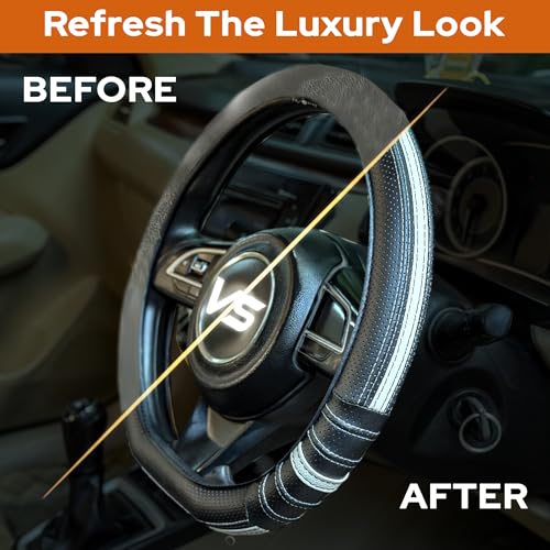 Image of CONTINENTAL [DuraGrip] Classic D-Shape Car Steering Wheel Cover Build with Premium Vegan Leather Anti Slip Natural Rubber (Black & Grey).