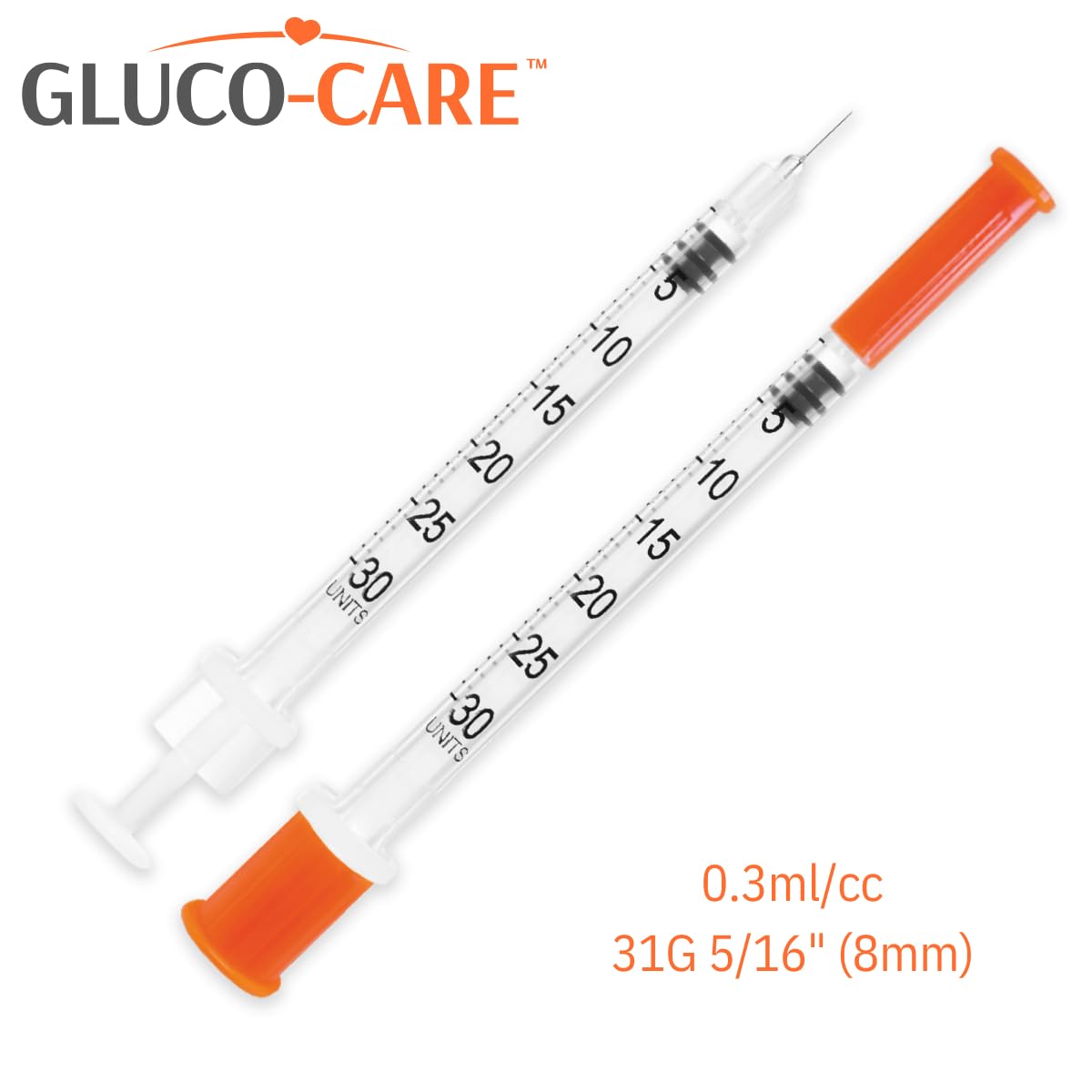 GLUCO-CARE Jeringas de 0.3 ml/cc de 31 g x 5/16 pulgadas (8 mm), tapa naranja, caja de 100 unidades