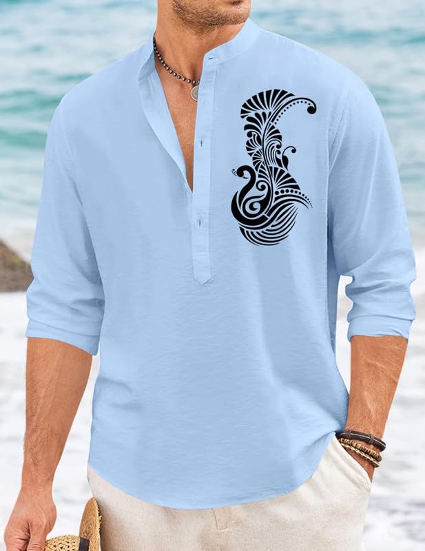 Image of FINIVO FASHION Men's Printed Cotton Blend Short Kurta with Artistic Chest Design | Stylish Full Sleeve Casual Kurta with Mandarin Collar for Daily, Travel Soft Textured