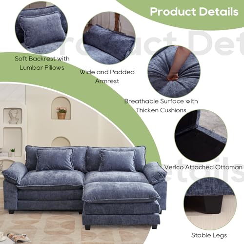 Image of Oprisen 86 inch Modular Sectional Sofa, Comfy Cloud Couch Sectional Sofa with Ottoman, Chenille Sofa Sleeper Deep Seat Sofa with Throw Pillows for Living Room (Blue, 86 inch- L Shape)
