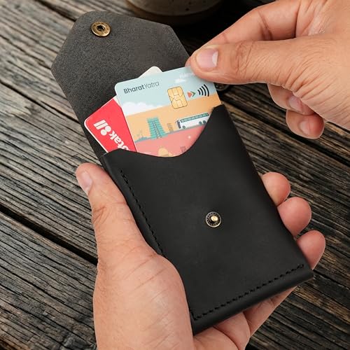 Image of The Wallet Store Flip 2.0 Genuine Leather Vertical Slim Wallet for Men | Easy Quick Card Access | Compact Front Cash Pocket & Button Lock | Minimalist Travel & Daily Carry Wallet (Black)