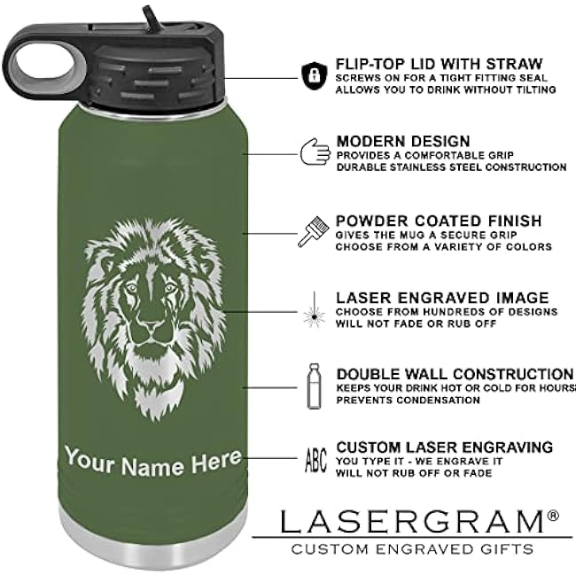 LaserGram Personalized Water Bottle, Electric Guitar, Stainless Steel Double Wall Vacuum Insulated with Flip Top Straw, Custom Engraved Gift (32oz / 950ml Camo Green)