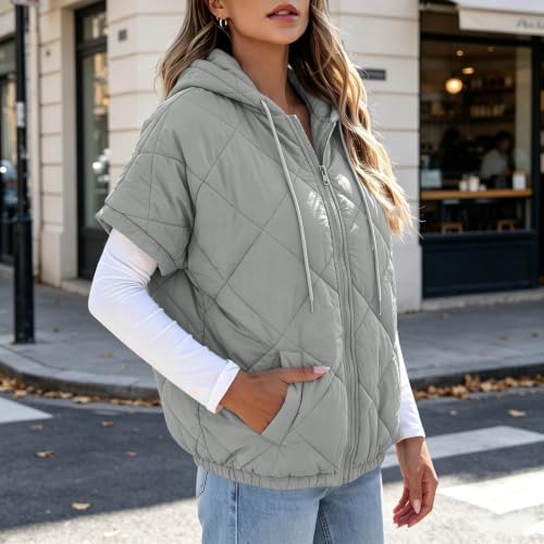 Gryvoilet Womens Quilted Vest Drawstring Hood Short Sleeve Zip‑Up Lightweight Puffer Gilet Casual Layering Outerwear for Ladies Gray M - image 2