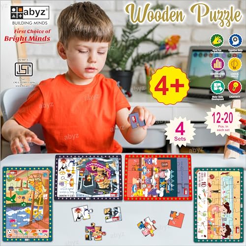 Image of ABYZ Wooden Jigsaw Puzzle - Cats and Mummy, Giraffe's Life, Cats in Kitchen, Kid's Mealtime, Playset for Little Explorers, 63 pcs - Pack of 4 | Birthday Gift for (3 Plus Years) Age Kids.